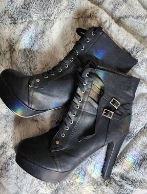 Black Lace-Up Platform Ankle Boots with Buckle Detail